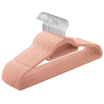 Bild av Songmics klädhängare i sammet, set om 20 stycken, hängare, halkfri, liten stång för slipsar, 360 vridbar krok, 0,6 cm tjock, utrymmesbesparande, 43,5 lång, rockar, byxor, silver ljusrosa