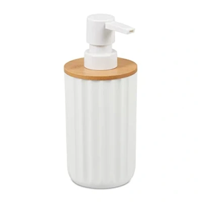 Bild av Relaxdays Tvåldispenser, rund, modern, påfyllningsbar, pumphuvud, bambu och plast, flytande tvåldispenser för badrum, vit/natur, 17 x 7,5 cm