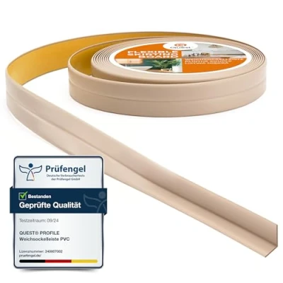 Bild av Quest Självhäftande Mjuk Golvlist, böjbar list, avslutningslist för kök och badrum Sockellist, tätningslist PVC, flexibel, tät, dekorativ 10 mm x (Beige, 5m)