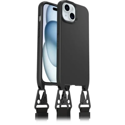 Bild av Otterbox React Lanyard Case med MagSafe för iPhone 15, ultratunnt, skyddande skal justerbart och avtagtart band, testad till militärstandard, Svart, Utan retailförpackning