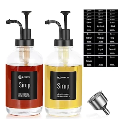 Bild av DUNSOO Kaffesmakkoncentrat Dispenserset 2 x 500 ml sirap pumpdispenser med 24 klistermärken, 1 tratt av rostfritt stål oljeflaska pip för kök (svart/500 ml)