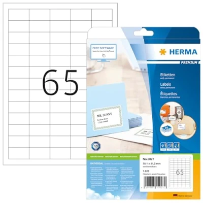 Bild av HERMA 5027 universella etiketter A4 små (38,1 x 21,2 mm, 25 ark, papper, matt) självhäftande, utskrivbara, permanenta adressetiketter, 1 625 klistermärken, vit