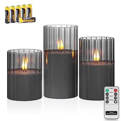 Bild av Rhytsing Uppsättning av 3 batteridrivna LED ljus med fjärrkontroll, rökgrå, vertikala ränder, flamlöst ljus, presentset för heminredning, varmvitt inkluderar 6 batterier