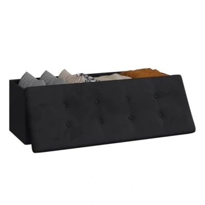 Bild av WOLTU sittpall med förvaringsutrymme sittbänk vikbar kista förvaringslåda, avtagbart lock, vadderad sits av sammet, 110 x 37,5 38 cm, svart, SH73sz