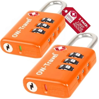 Bild av OW Travel TSA Godkänd Kombinationslås med öppen varningsindikator (Orange 2 pack) 3 siffrig kod lås Säkerhet Ryggsäck Hänglås Resväska, Lås, resväska Gymskåp