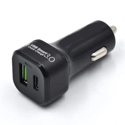 Bild av billaddare med Quick Charge 3.0 teknik, en USB A port och högeffektiv C port, 30 W, för Smartphone/Iphone/Ipad/MacBook/Surfplatta/Laptop/Samsung/Huawei etc.
