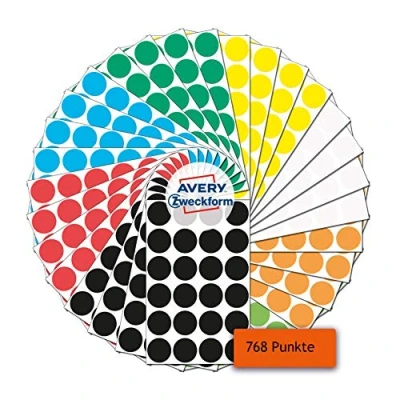 Bild av AVERY Zweckform 59998 självhäftande markeringspunkter 768 stycken (Ø 18 mm, 8 färger med 96 punkter vardera på 4 ark, färgkodning, runda klistermärken för kalender, planerare och