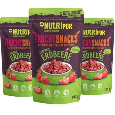 Bild av jordgubbar frystorkade 3 x 300 g: torkade jordgubbsskivor obehandlade med ren frukt, full smak, bär
