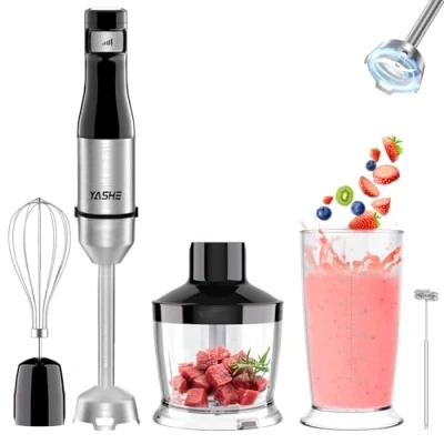 Bild av YASHE 5 i 1 mixer, 000 W elektrisk stavmixer, steglös hastighet, rostfritt stål, stavblandarset med 500 ml hackare, 600 mätkopp, visp och mjölkskummare