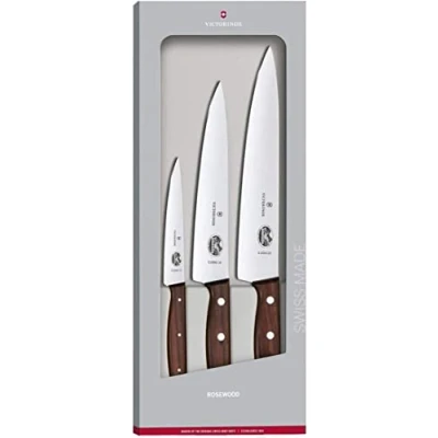Bild av Victorinox Wood trancherset, 3 delar, trähandtag (innehåll kontorskniv och 2 trancheringsknivar) rostfri, i presentförpackning