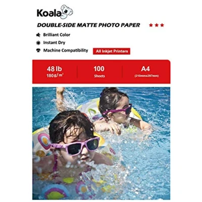 Bild av KOALA Dubbelsidig matt bläckstrålefotopapper A4, 180 gsm, 100 ark för bläckstråleskrivare. Lämplig utskrift av foton, broschyrer, omslag, certifikat, flygblad, kort