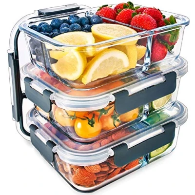 Bild av Igluu Matlåda i glas med 3 fack och lufttätt SnapLock Portionskontroll för måltidsförberedelser BPA fri plast Säker att använda mikrovågsugn, diskmaskin, frys ugn [3 pack]