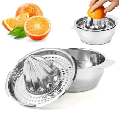 Bild av manuell citruspress i rostfritt stål, citronpress, diameter 13,8 cm, diskmaskinssäker, professionell kvalitet, fruktpress för citroner, grapefrukt och apelsiner.