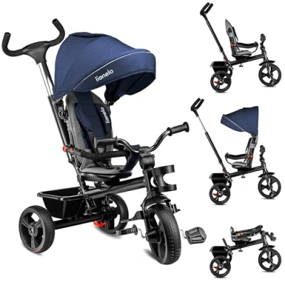 Bild av LIONELO Haari 2 i 1 trehjuling med dragstång från 18 månader till 25 kg framåt och bakåtgång slanglösa gummidäck frihjul rymlig korg väska mugghållare (JEANS)