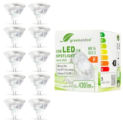 Bild av 10x greenandco® CRI 80+ 3000K 38 LED spot ersätter 40W GU5.3 MR16 halogenstrålkastare, 5W 430lm varmvit 12V AC/DC, inte dimbar