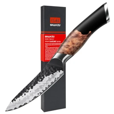 Bild av SHAN ZU 9cm Grönsakskniv, Handsmidd Japansk Fruktkniv, 7 lager av Högkvalitativt Kolstål, Extra Vassa Skalknivar med Handtag i Lönnträ