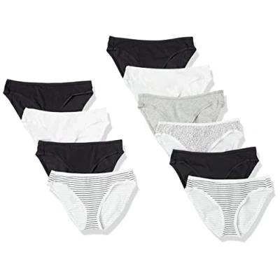 Bild av Amazon Essentials Women&#039;s Bikinitrosor underkläder i bomull (finns plusstorlek), Pack of 10, Grå/Ljust vit/Svart, L