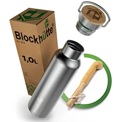 Bild av Blockhütte Blockstuga Premium rostfritt stål drickflaska isolerad 1 l med naturborst, borste, isoleringsflaska, läckagesäker vattenflaska, diskmaskinssäker, för universitet, kontor, BPA fri