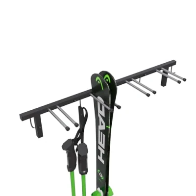 Bild av QLS Skidhållare, S3, väggskidhållare för 4 par, 83 cm, Nordic Walking, trekkingstavar, med kroklist, skyddande gummibeläggning platsbesparande förvaring