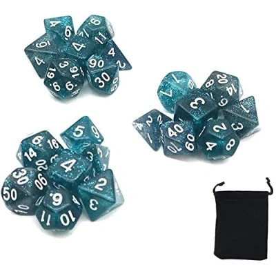 Bild av DollaTek Glitterspets polyhedral tärningsset bordsspel tärningar 3 uppsättningar x 7 (21 delar) Die Series D20 D12 D10 D8 D6 D4 DND RPG MTG dubbla färger en del (blå)
