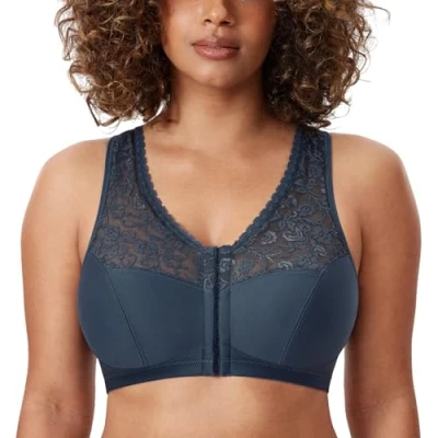 Bild av DELIMIRA Kvinnors Främre Stängda Bh:ar Racerback Plus Size Full Täckning Trådlös Bh Spets Sargasso 100E