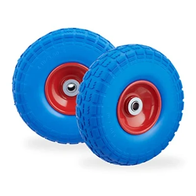 Bild av Relaxdays 4 x säckkärrhjul, punkteringssäkra massiva gummidäck, 4,1/3,54, 16 mm axel, upp till 150 kg, H D: 26 8,5 cm, blå/röd