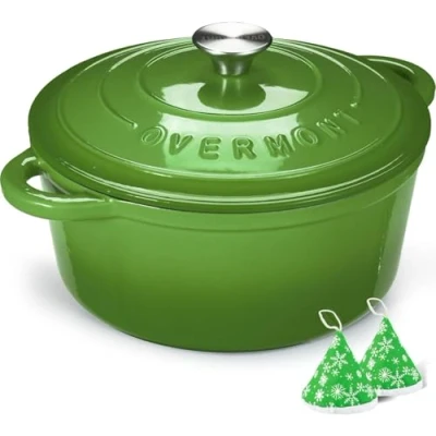 Bild av Overmont 4,2 L emaljerad gjutjärn rund gryta med lock kokbok &amp; bomull grytlappar non stick holländsk ugn köksredskap för flätning, grytor, rostning, bröd bakning grön, 24 cm