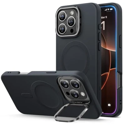 Bild av ESR Silikonfodral med hållare för iPhone 16 Pro, kompatibelt MagSafe, inbyggt kamerastativ, magnetfodral, molnserie, svart