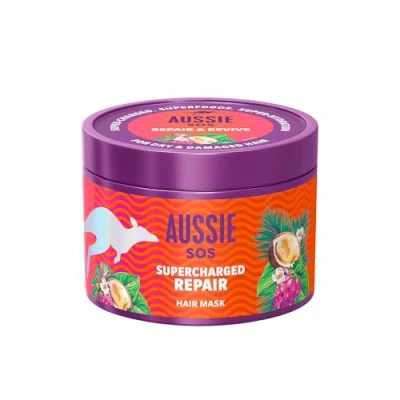 Bild av Aussie SOS Superladdad reparationsmask, 500 ml för torrt, skadat hår, reparera och skydda, ge mjukt, slätt, återfuktat hår i 100 timmar, vegansk formel