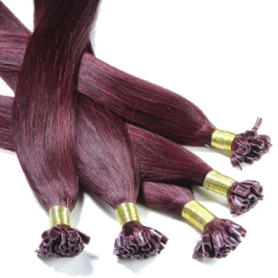 Bild av hair2heart Bonding Extensions äkta hår slätt 55/66 ljusbrun intensiv violett mahogny 25 slingor 0,5 g 60 cm, hårförlängningar för långvarig hårförlängning