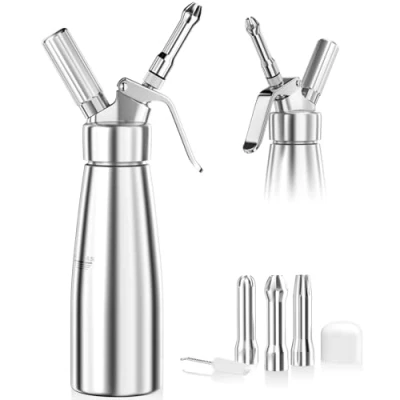 Bild av Newaner 500 ml grädddispenser/gräddsifon av aluminium med 3 dekorationsmunstycken rostfritt stål och 1 rengöringsborste, läckagesäker, för beredning vispgrädde, kräm, mousse desserter
