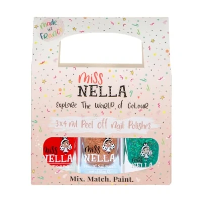 Bild av Miss Nella CHRISTMAS SPARKLE special barnnagellack 3 Pack: CLASS CLOWN (röd), OPEN SESAME (guld) &amp; FIELD TRIPS (grön), Vattenbaserat nagellack som är lätt att ta bort.
