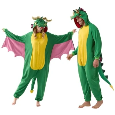 Bild av Spooktacular Creations Unisex vuxen jumpsuit plysch overall drakkostym med hatt och rosa vingar för utklädningsfest rollspel tema fester halloween kostym (XL)