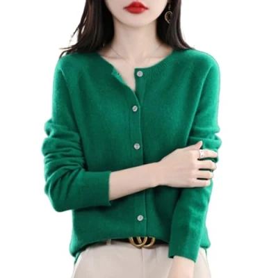 Bild av TeysHa Kashmir cardigan för kvinnor, ull Crew Neck Button Down långärmad tröja, mjuka varma stickade elastiska tröjor, gRÖN, XL