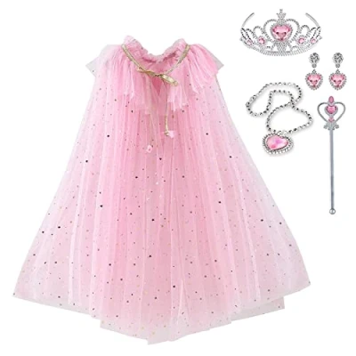 Bild av skyllc prinsessmantel för barn, tyllmantel med glitter flickor, paljetter, krona, halsband, örhängen, trollstav, festkostym, karneval, cosplay halloweendräkt (rosa)