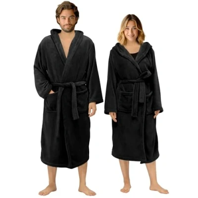 Bild av Homelevel Morgonrock, unisex, gosig mjuk resebadrock, basturock, mikrofiberkappa med huva för män och kvinnor olika storlekar, svart, 6XL