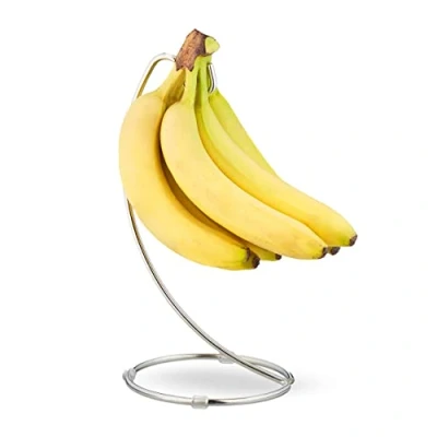 Bild av Relaxdays Bananhållare med rund fot, banankrok, fruktförvaring, bananer, druvor, förkromat järn, silver