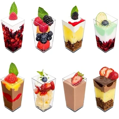 Bild av KAHEIGN 60 st mini efterrättskoppar, 90 ml plast fyrkantiga höga efterrättskoppar klar parfaitförrättskopp återanvändbar serveringsskål för efterrättspudding, mousse, fest (3,8 x 8,3 cm)