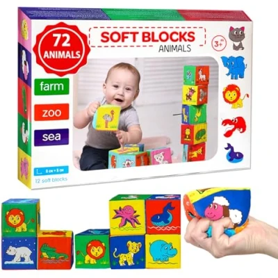 Bild av magdum 12 speltärningar för barn aktivitetskub baby 6 månader leksak från babyleksaker motorikleksak byggstenar 1 år tygkub bebiskub