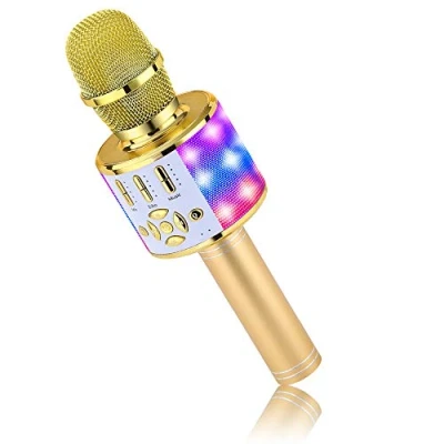 Bild av BONAOK Trådlös karaoke mikrofon med bluetooth, 4 i 1, för barn, handhållna, LED lampor, barnkaraoke, mikrofonhögtalare, hem, KTV, karaokemaskin, kompatibel iOS, Android, bluetooth enheter (guld)