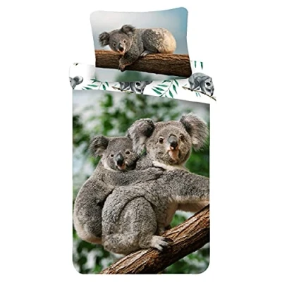 Bild av Sängkläder, set koala med baby i vildmark på eukalyptusträd, påslakan 140 x 200 cm, örngott 70 90 100 % bomull, för barn tonåringar vuxna