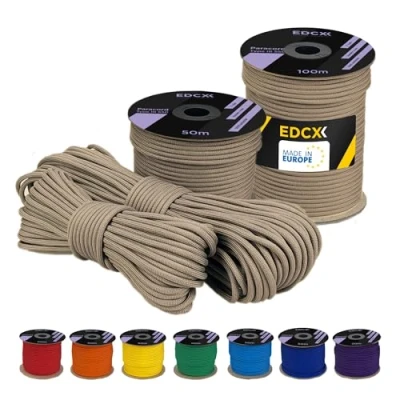 Bild av EDCX 4 mm polyester Paracord 550 (15, 30 och 50 m) typ III, rivsäker fallskärmslina för överlevnad Tillverkad av 100% med 7 trådar Solida färger