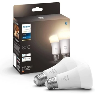 Bild av Philips Hue White ljuskälla E27 2 pack, LED 9W, A60, 806 lumen, 2700 Kelvin, Zigbee &amp; BT, livslängd 25000 timmar, röststyrning via Amazon Alexa, Google Home Assistant och Siri