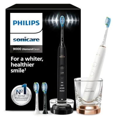 Bild av Philips Sonicare DiamondClean 9000 elektrisk tandborste, dubbelpack, sonisk tandborste med app, trycksensor, 4 borstlägen, 3 intensitetsnivåer, laddningsglas, svart och roséguld, modell HX9914/61