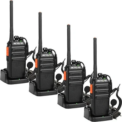 Bild av Retevis RT24 Radioapparatset, Walkie Talkie Set om 4 licenser, 16 kanaler, CTCSS/DCS VOX, professionella PMR radioapparater med headset och EU kontakt, laddningsskål (4 stycken, svart)