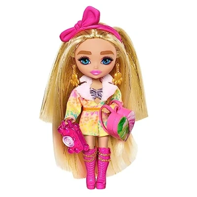 Bild av Barbie Extra Minis resedocka med safarikläder, liten Fly docka, djurmönstrad outfit tillbehör, HPT56