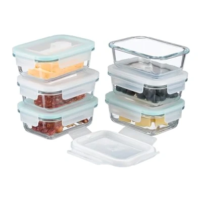 Bild av Relaxdays Livsmedelsburkar i glas, set med 6, lufttätt plastlock, 370 ml, behållare, transparent