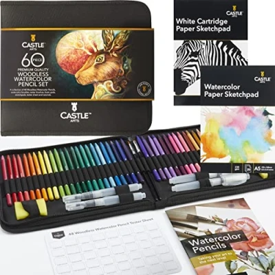Bild av Castle Art Supplies 60 delar trälösa akvarellpennor set 48 solida premium pigmenterade pennor plus extramaterial Alla kärnor, inget trä För vuxna konstnärer, förrätt, färgare i starkt