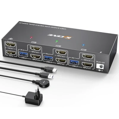 Bild av USB 3.0 HDMI KVM switch 3 PC 2 bildskärmar, EDID emulator, 4K@60Hz utökad skärm, 2.0, Dual Monitor delar trådlöst tangentbord, mus, skrivare, med trådad fjärrkontroll och 5