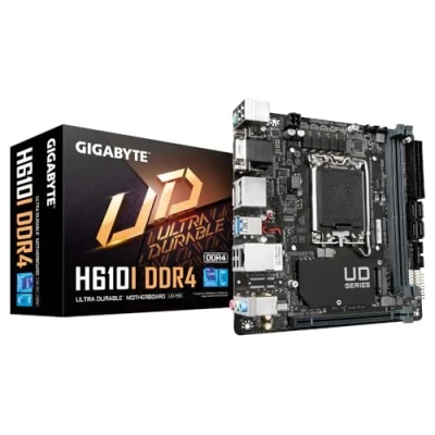 Bild av Gigabyte H610I DDR4 moderkort stöder Intel Core 14:e processorer, 4+1+1 Hybrid Digital VRM, upp till 3200MHz (OC), 1xPCIe 3.0 M.2, GbE LAN, USB 3.2 Gen 1